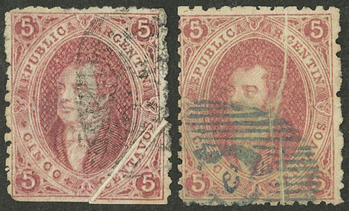 GJ.19, 1st or 2nd printing, 2 stamps with notable PAPER FOLDS, ...