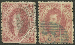 GJ.19, 1st or 2nd printing, 2 stamps with notable PAPER FOLDS, ...