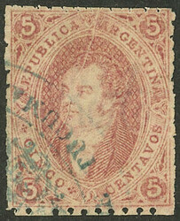 GJ.19, 1st or 2nd printing, with rococo cancel of TUCUMÁN in blue, ...