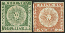 Yvert 2A + 3A, 1858 180c. green and 240c. vemilion unissued, very ...