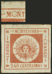 Yvert 12 (Sc.12) 1858 240c. Sun with thin figures, variety "First O ...