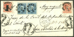 Folded cover sent from Dolores to San Nicolás on 10/MAR/1877 by "muy ...