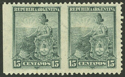 GJ.227PV, 1899 Liberty 15c. bluish green, pair IMPERFORATE VERTICALLY ...