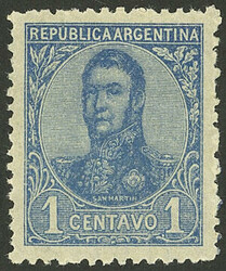 GJ.288, 1908 San Martín in oval 1c. BLUE unissued, exceptional copy ...