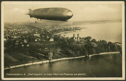 Postcard with view of Zeppelin in the air, franked with 2Mk. and ...