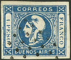 GJ.14, 1P. blue, clear impression, with dotted 6x6 cancel of B.Aires, ...
