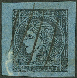 GJ.1, Un Real blue, pen cancelled, type 5, JUMBO margins, very nice