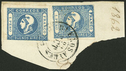 GJ.17 + 17b, 1P. lightly greenish blue, 2 stamps (one with partial ...