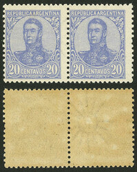 GJ.284b, 1908 20c. San Martín in oval, pair WITH AND WITHOUT ...