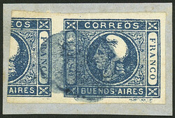GJ.17, 1P. blue, pair of a complete stamp + vertical bisect, on ...