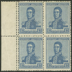 GJ.471, 12c. San Martín without watermark, block of 4 with DOUBLE ...