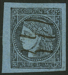 GJ.1, Un Real blue, type 3, pen cancelled, superb example!