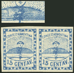 GJ.3, 15c. blue, MNH pair (+50%), the right stamp with interesting ...