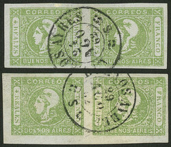 GJ.16, 4R. green and yellow green, 2 pairs used in Buenos Aires on 22 ...