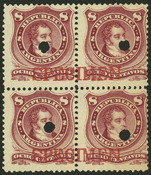 GJ.54A, 1877 8c. Rivadavia, block of 4 with punch holes and red ...
