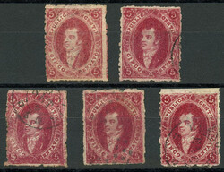 GJ.26, 5th printing, 5 stamps in various shades, one with upper sheet ...