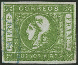GJ.16, 4 Reales green, worn impression, attractive partial double ...