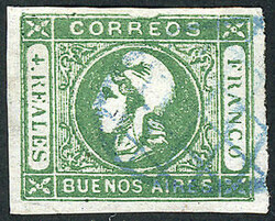 GJ.16, 4R. green, with "top frame line broken, over RE of CORREOS" ...