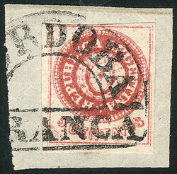 GJ.14, 5c. worn plate, carmine-rose, on fragment, with horseshoe ...