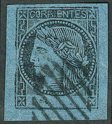GJ.3, 3c. blue, type 2, cancelled by mute barred oval of Corrientes, ...