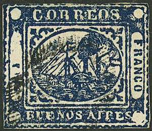 GJ.12A, To Reales dark blue, with ponchito cancel, light thin on back ...