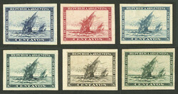 GJ.135 + 136 x5, group of 6 PROOFS on card in different colors, VF
