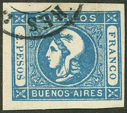 GJ.22, 2P. blue, used in Buenos Aires, JUMBO margins, tiny thin on ...