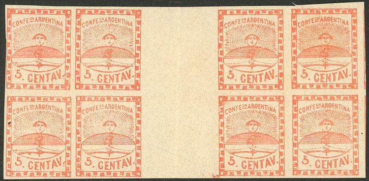 GJ.1EN, 5c. small figures, GUTTER block of 8, the 2 left stamps with ...