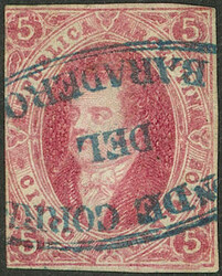 GJ.32, 5c. 7th printing, with blue cancel of "BARADERO" in double ...
