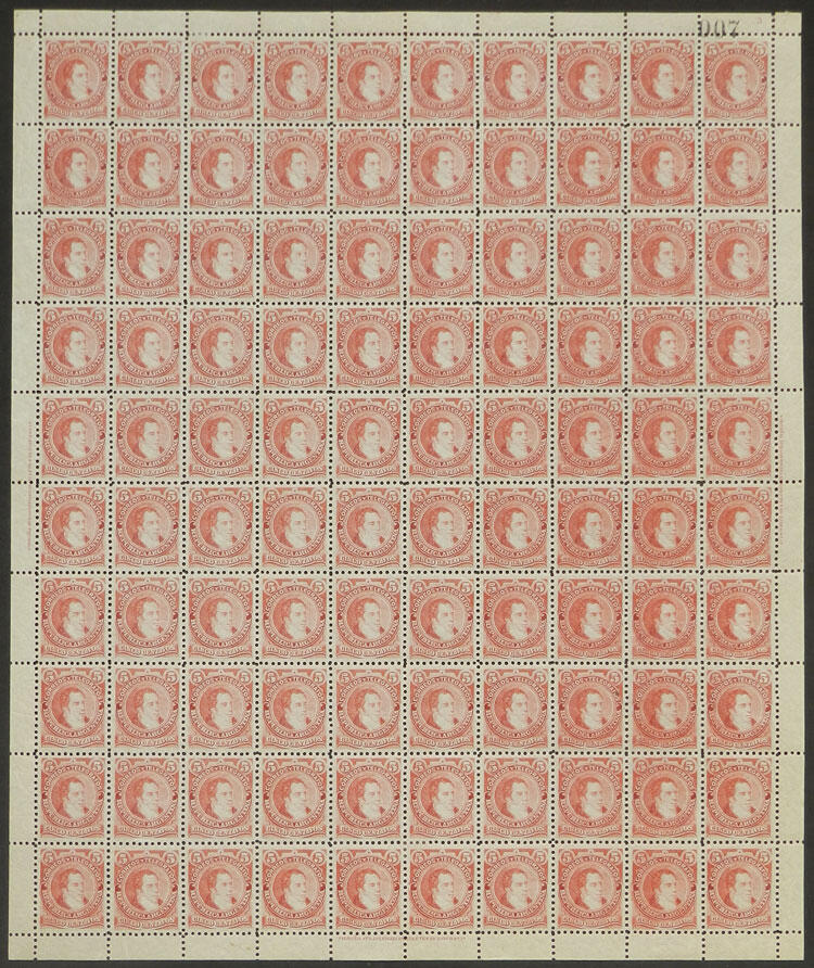 GJ.105, 1889 5c. Rivadavia type I (large head), complete sheet of 100 ...