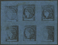 GJ.7, 3c. dark blue, block of 6 stamps, 4 of them partially unprinted ...