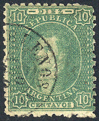 GJ.21, 10c. clear impression, green, thin paper, with double circle ...