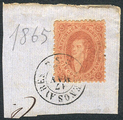 GJ.20, 5c. 3rd printing, siena color, on fragment with double circle ...