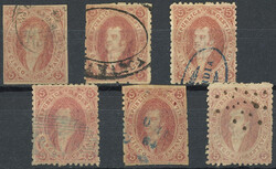 GJ.19, 1st and 2nd printing, 6 used stamps with different cancels ...