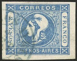 GJ.20, 2P. blue, clear impression, with datestamp of B.Aires, ...