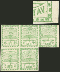 GJ.2c, 10c. small figures, block of 5, one with VARIETY: Retouch in ...