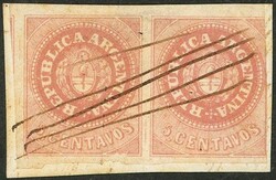 GJ.7, 5c. with accent, PAIR on fragment with pen cancel, very nice!