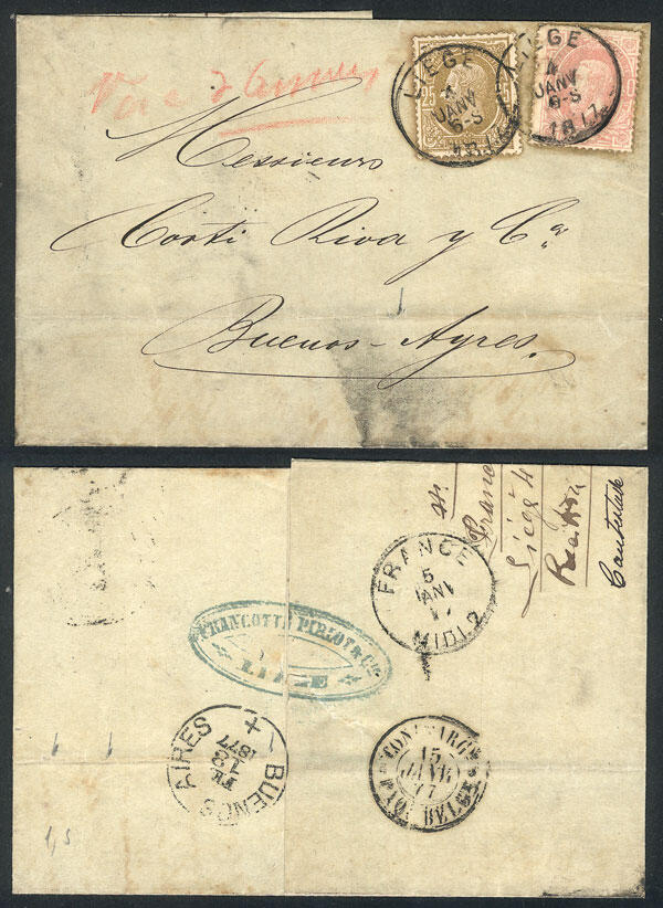 4/JA/1877 LIÉGE - Argentina: Folded cover franked with Sc.35 + 37 ...