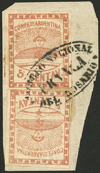 GJ.1, 5c. red, 2 stamps placed like a "tete-beche" on fragment, with ...