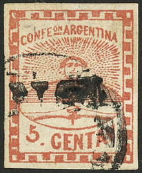 GJ.1, 5c. red with DOUBLE cancellation: circular "MENDOZA" and ...