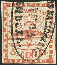 GJ.1, 5c. red with ellipse Mendoza cancel (+100%), VF quality, signed ...