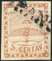 GJ.1, 5c. red with "FRANCA" cancel of Tucumán (+200%), tiny and ...