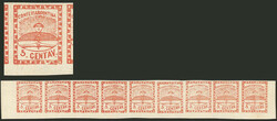 GJ.1, 5c. red, strip with the 9 types, the 4th stamp with a retouch ...