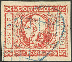 GJ.18, 2P. red, worn impression, beautiful stamp with mute blue grid ...