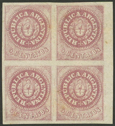 GJ.7, 5c. rose, with accent, marginal block of 4, with gum, VF