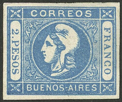 GJ.22, 2P. blue, almost clear impression, unused, without gum, small ...