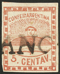 GJ.1, 5c. red with FRANCA cancel of Goya (+100%) perfectly applied, ...