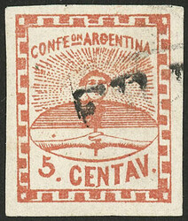 GJ.1, 5c. red, "FRANCA" cancel of Mendoza (+200%), superb example, ...