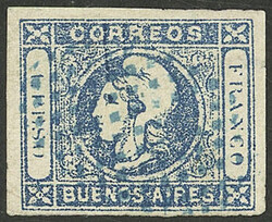 GJ.17, 1P. blue with dotted 9x10 cancel of B.Aires in blue (+150%), ...