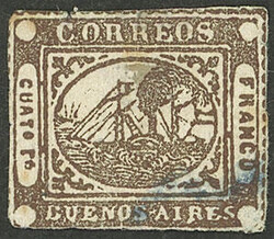 GJ.9, 4 rs. chestnut, used, with defects, very good front